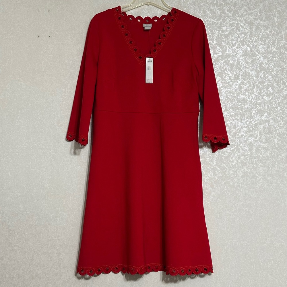 Chico's Openwork Trim Ponte Short Dress Empire Waist Wild Poppy Red NWT Sz 1 / 8